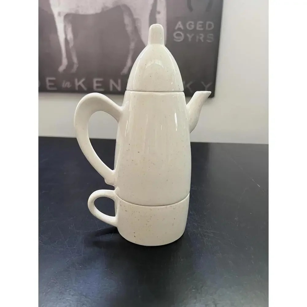 White Speckled‎ Ceramic Stackable Teapot with Lid & Handled Cup